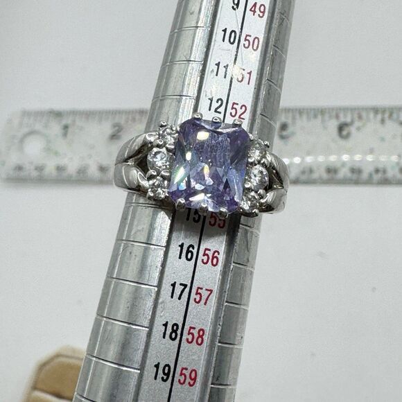 Amethyst Glass Purple Cocktail Ring Silver Plated Ring Size 7 - Picture 7 of 8